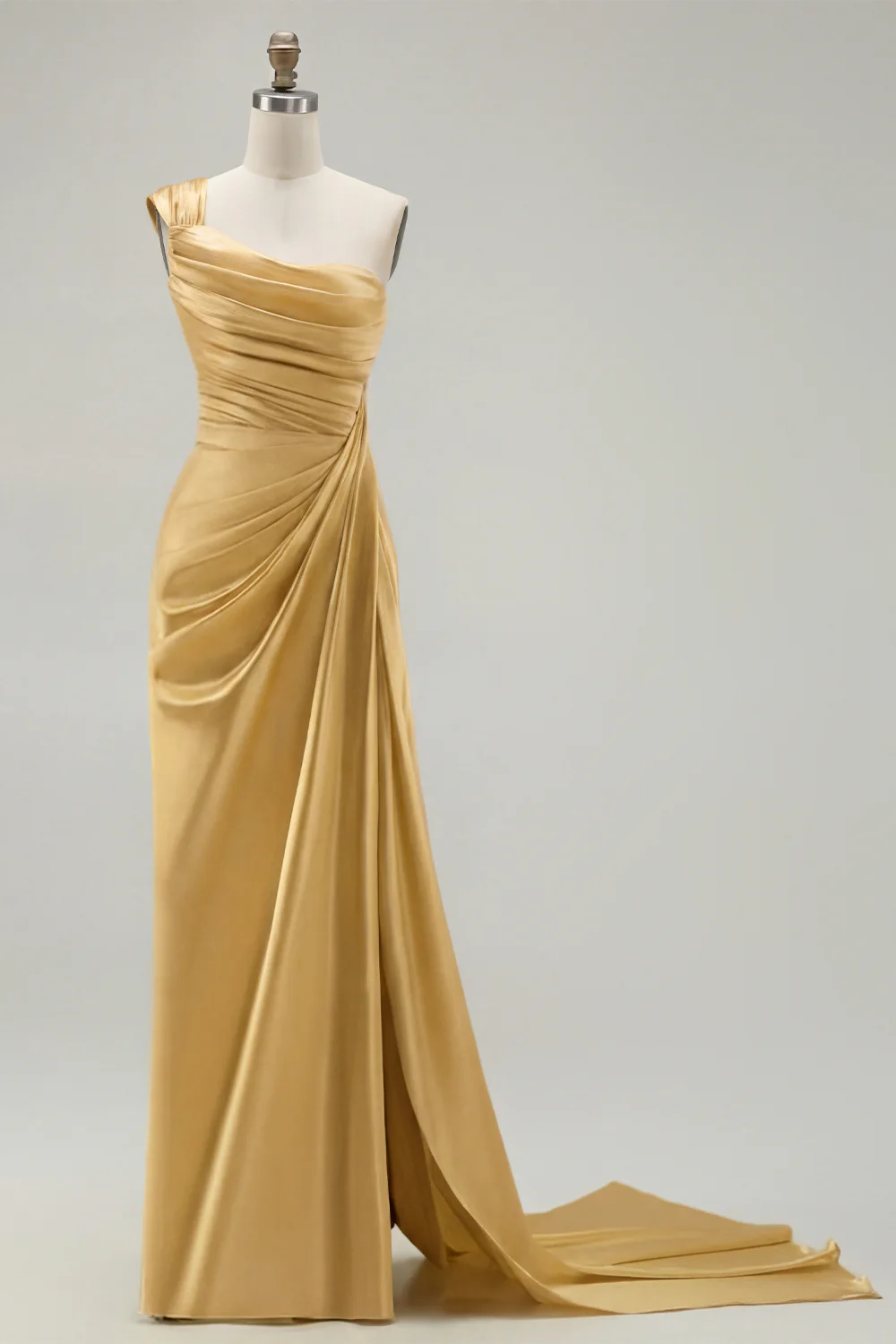 Green One Shoulder Ruched Sheath Long Prom Dress with Slit - Image 20