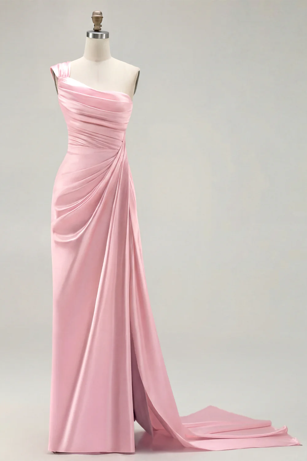 Green One Shoulder Ruched Sheath Long Prom Dress with Slit - Image 26