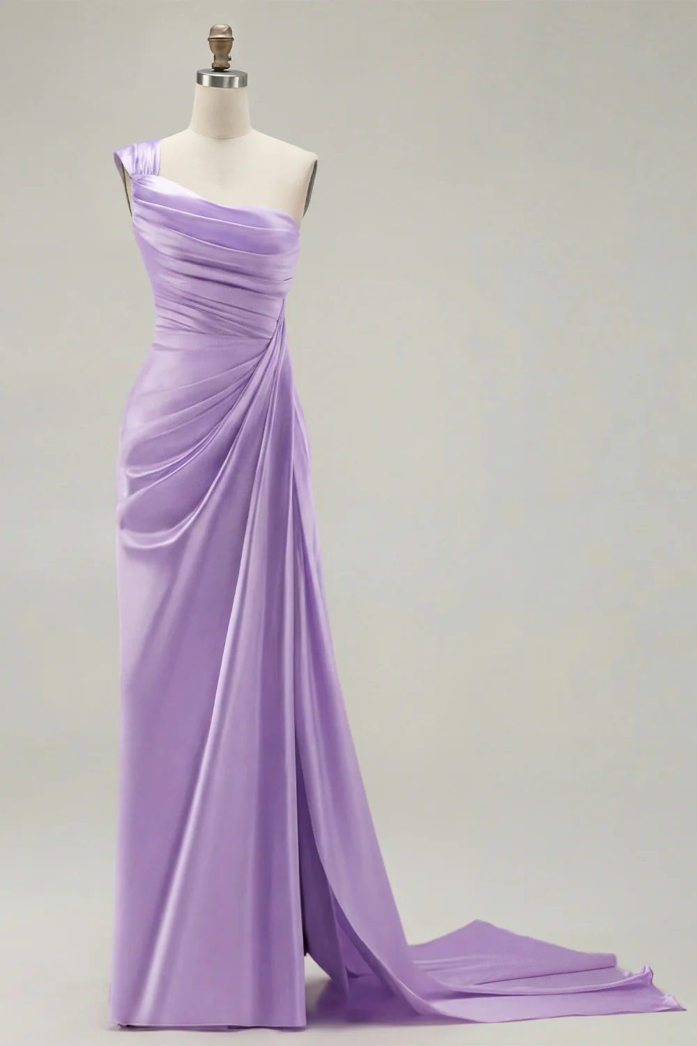 Green One Shoulder Ruched Sheath Long Prom Dress with Slit - Image 28