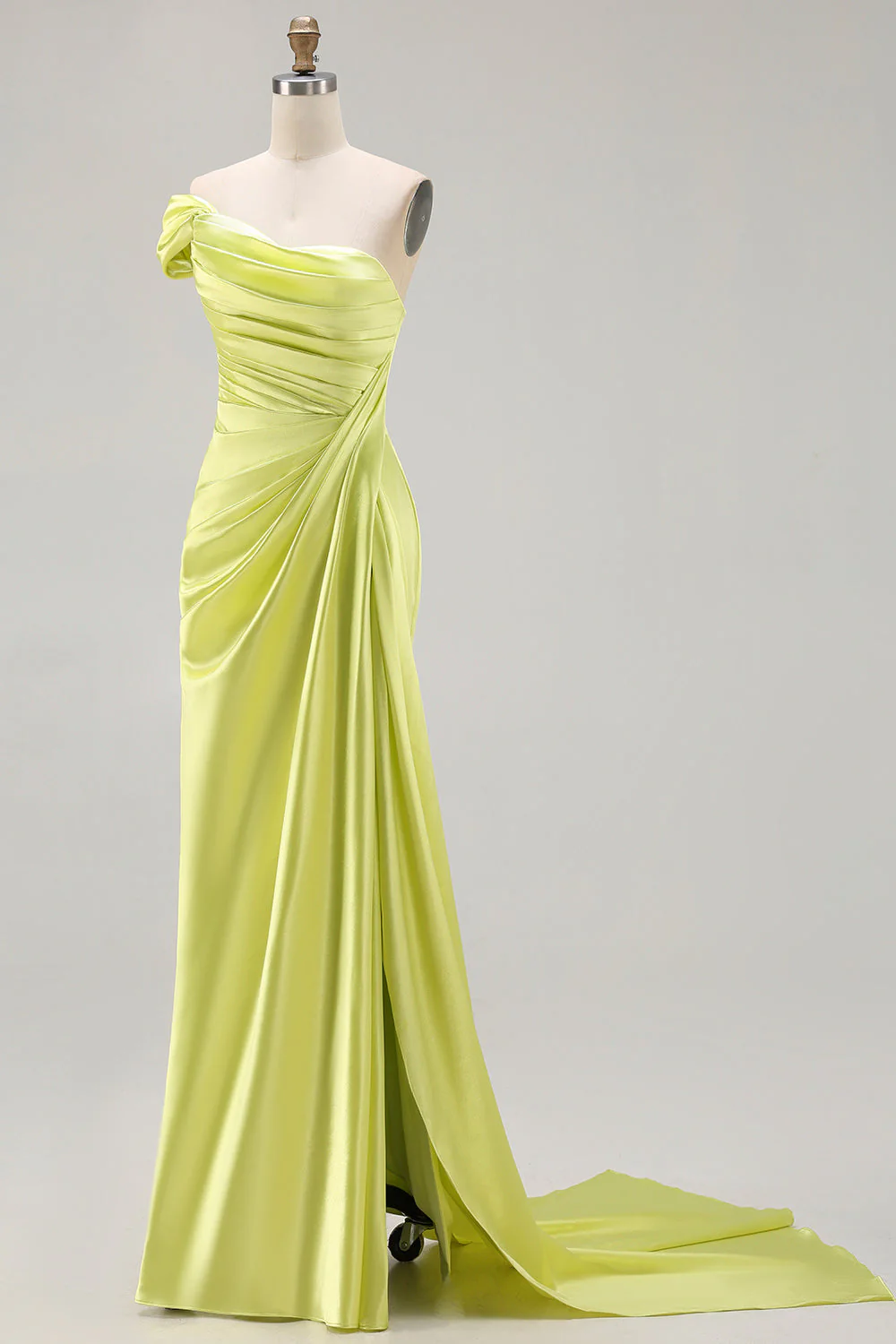 Green One Shoulder Ruched Sheath Long Prom Dress with Slit - Image 3
