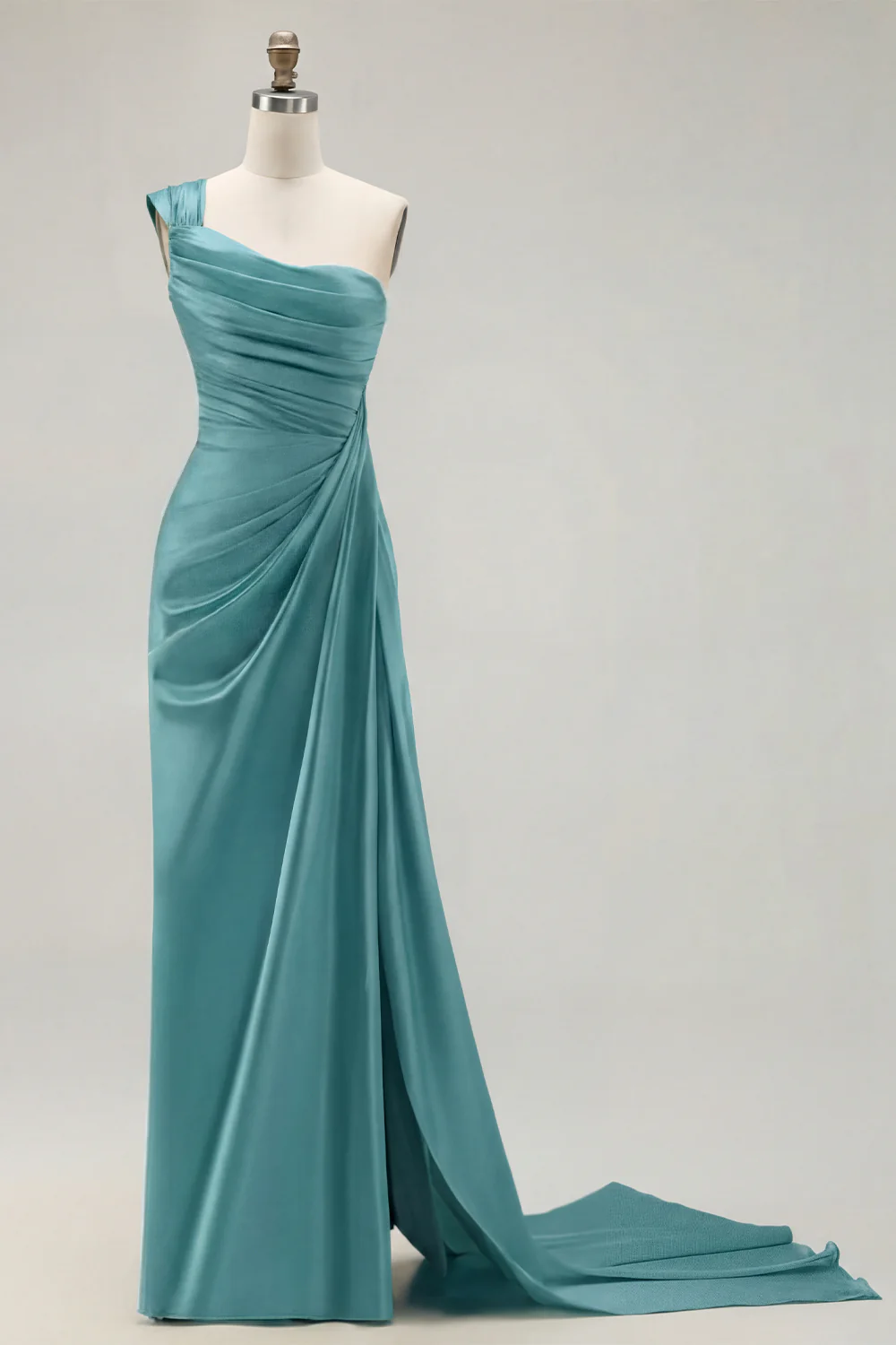 Green One Shoulder Ruched Sheath Long Prom Dress with Slit - Image 32