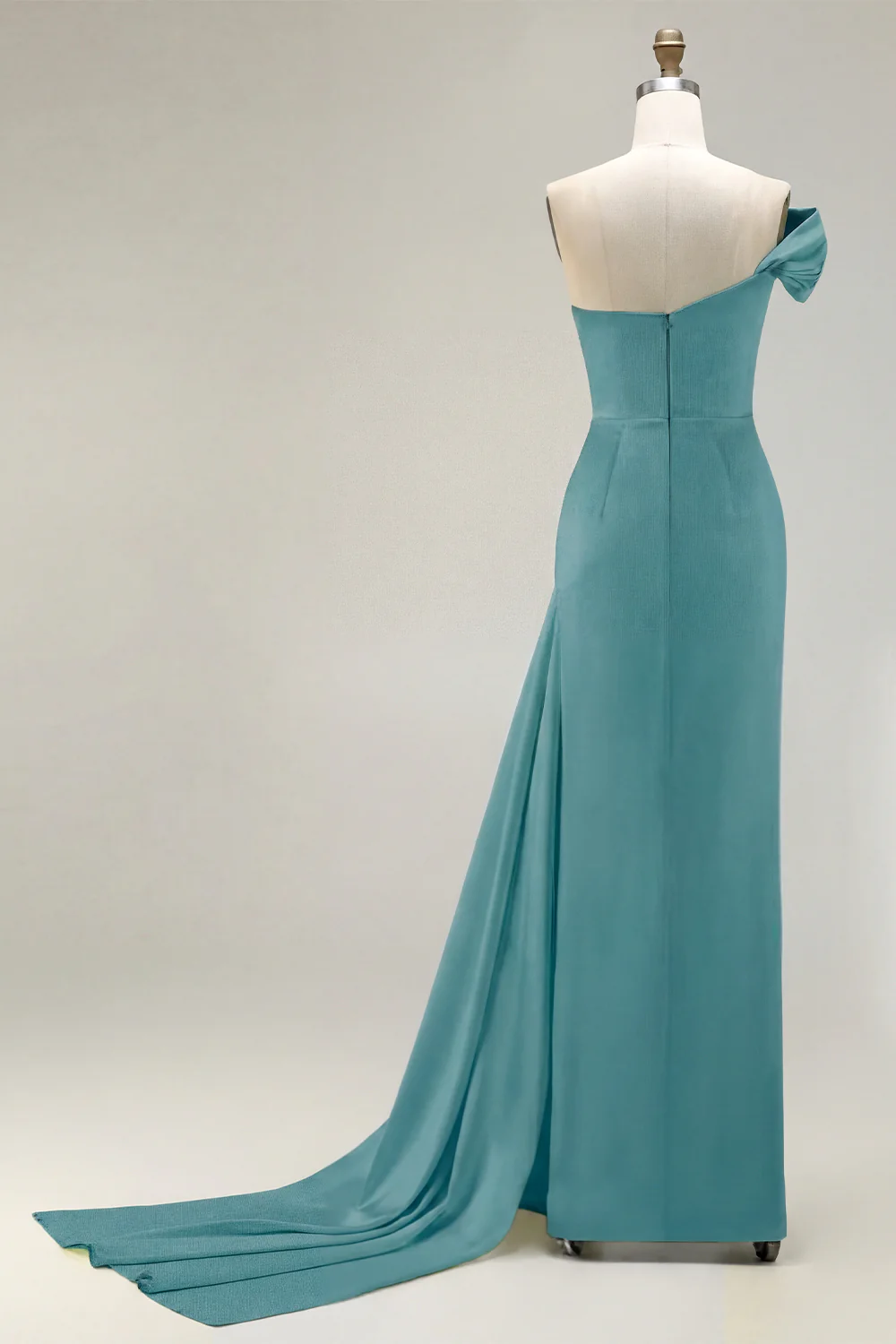 Green One Shoulder Ruched Sheath Long Prom Dress with Slit - Image 33
