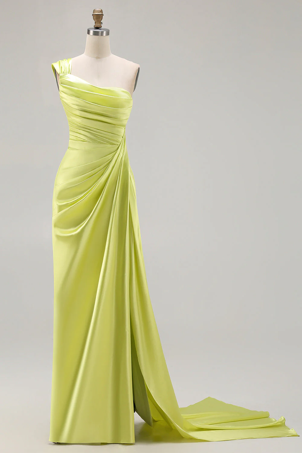 Green One Shoulder Ruched Sheath Long Prom Dress with Slit - Image 4