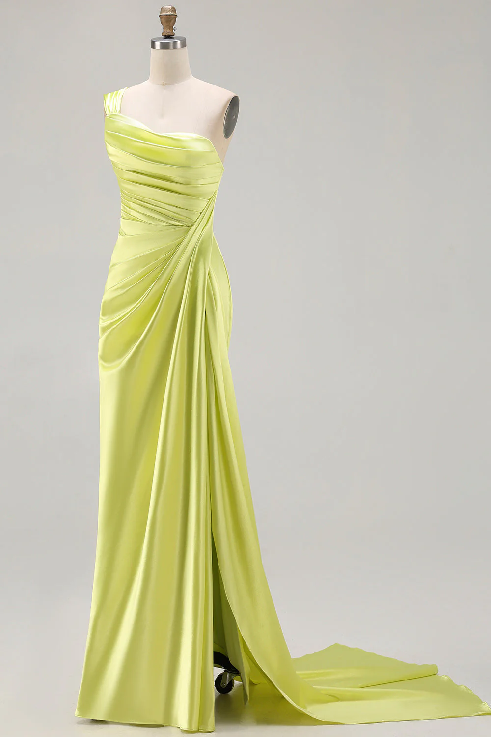Green One Shoulder Ruched Sheath Long Prom Dress with Slit - Image 6