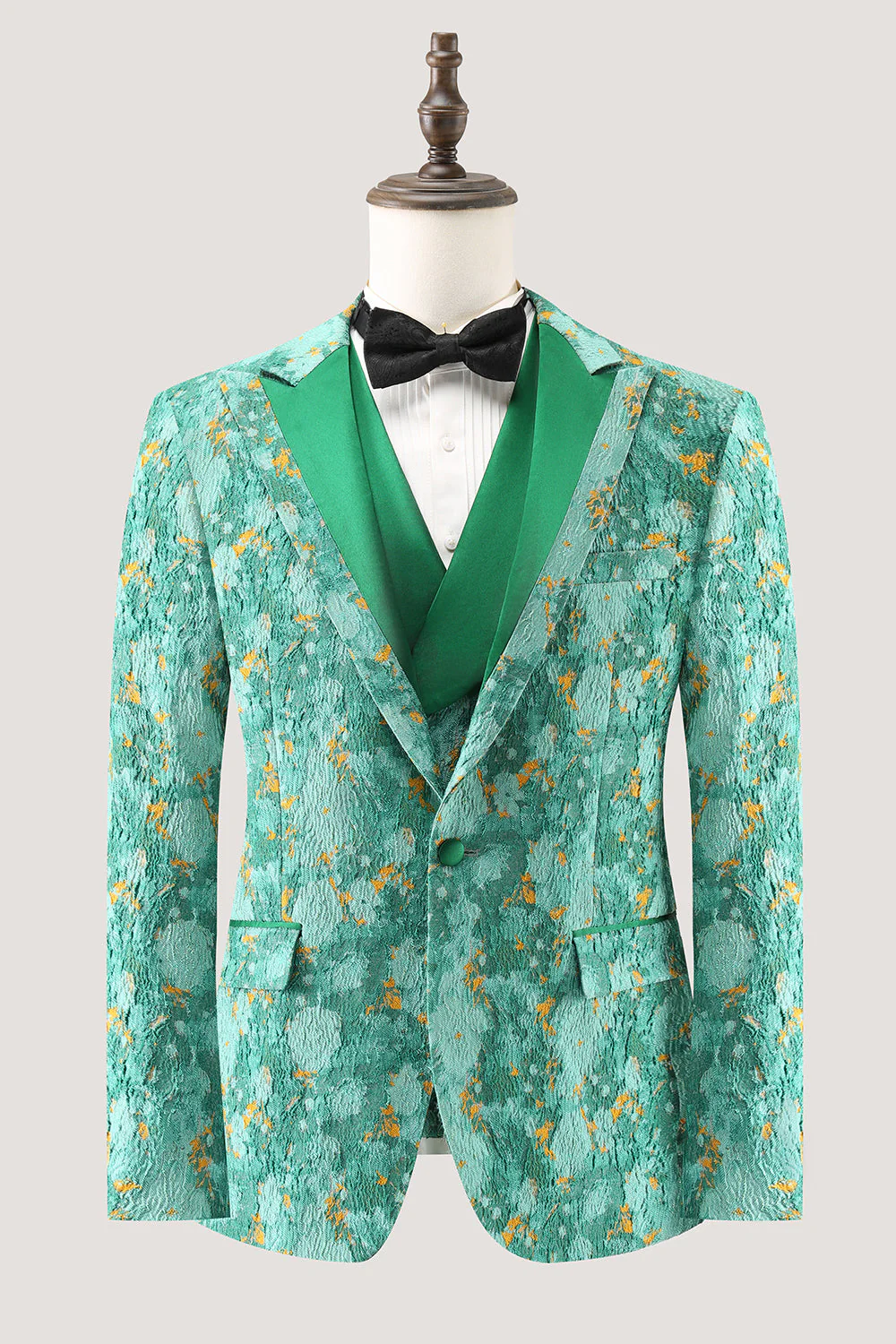 Green Peak Lapel Jacquard One Button 3 Pieces Men's Prom Suits - Image 3