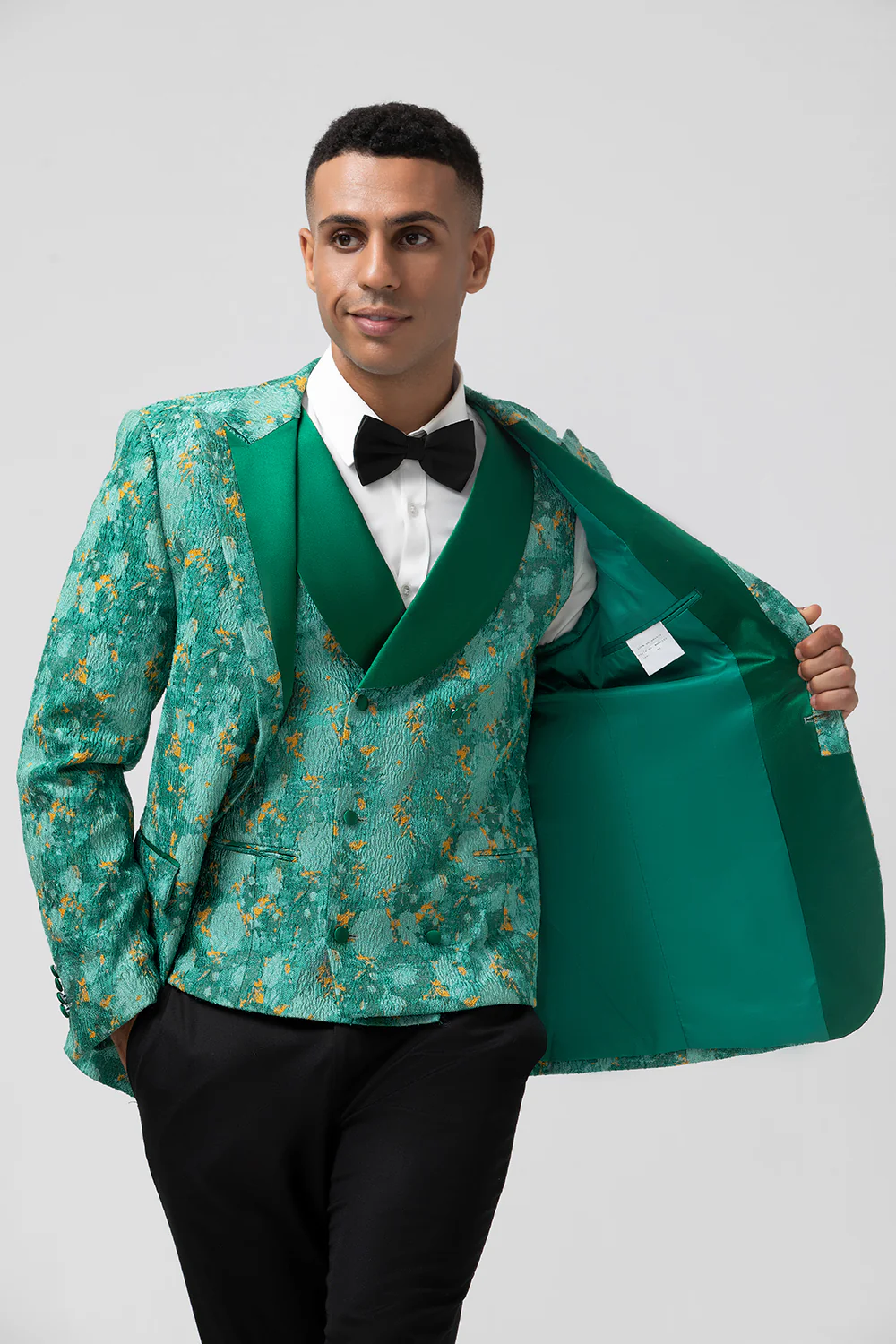 Green Peak Lapel Jacquard One Button 3 Pieces Men's Prom Suits - Image 5