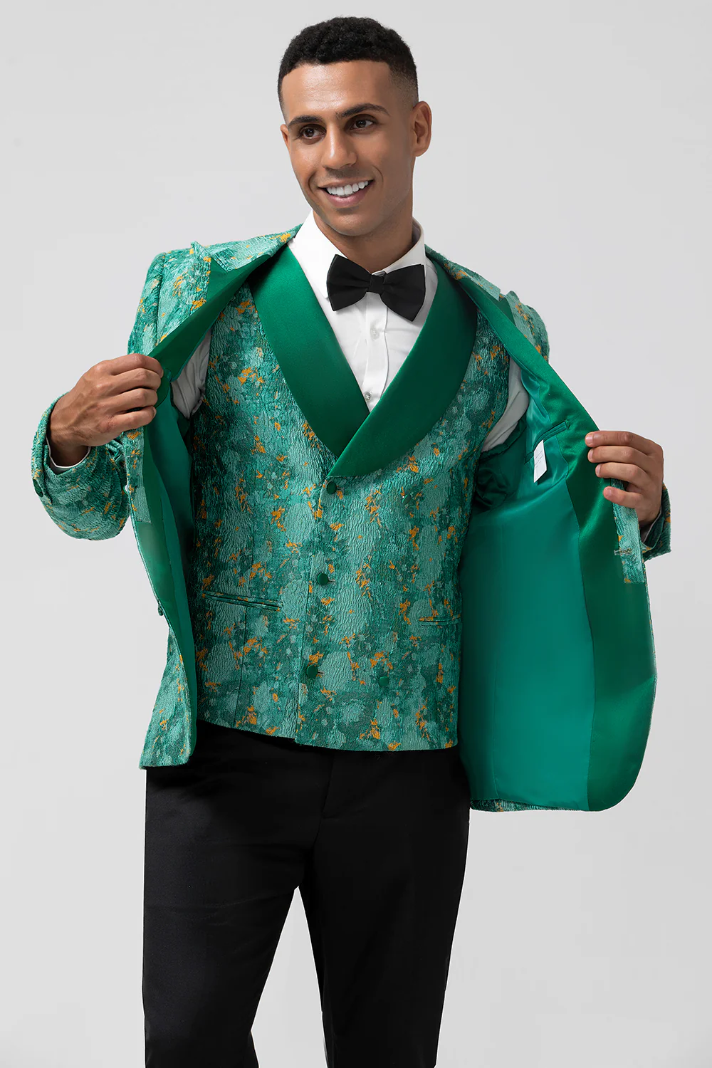 Green Peak Lapel Jacquard One Button 3 Pieces Men's Prom Suits - Image 8