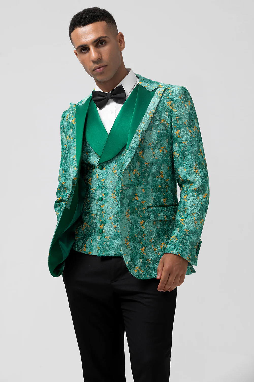 Green Peak Lapel Jacquard One Button 3 Pieces Men's Prom Suits - Image 9