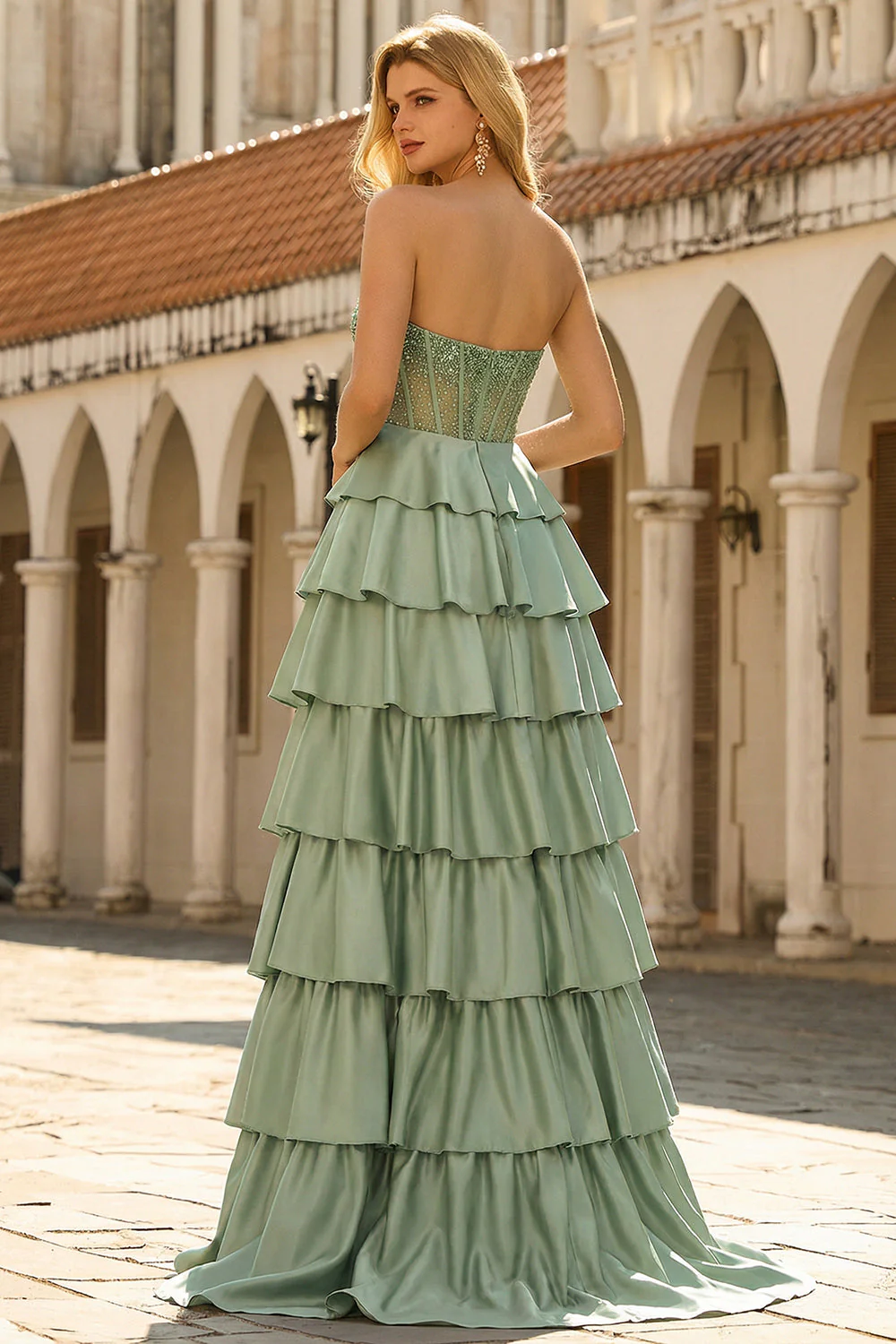 Green Princess Basque Waist Tiered Ruffle Long Prom Dress with Beading - Image 2
