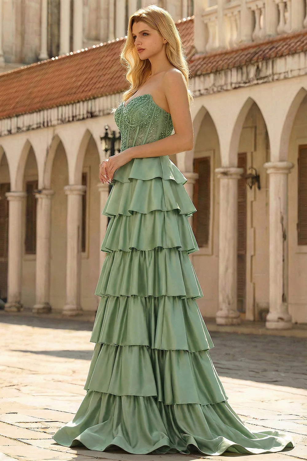 Green Princess Basque Waist Tiered Ruffle Long Prom Dress with Beading - Image 3