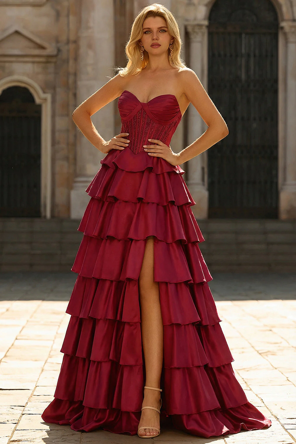 Green Princess Basque Waist Tiered Ruffle Long Prom Dress with Beading - Image 7