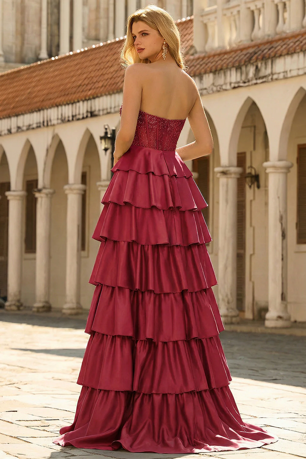 Green Princess Basque Waist Tiered Ruffle Long Prom Dress with Beading - Image 8
