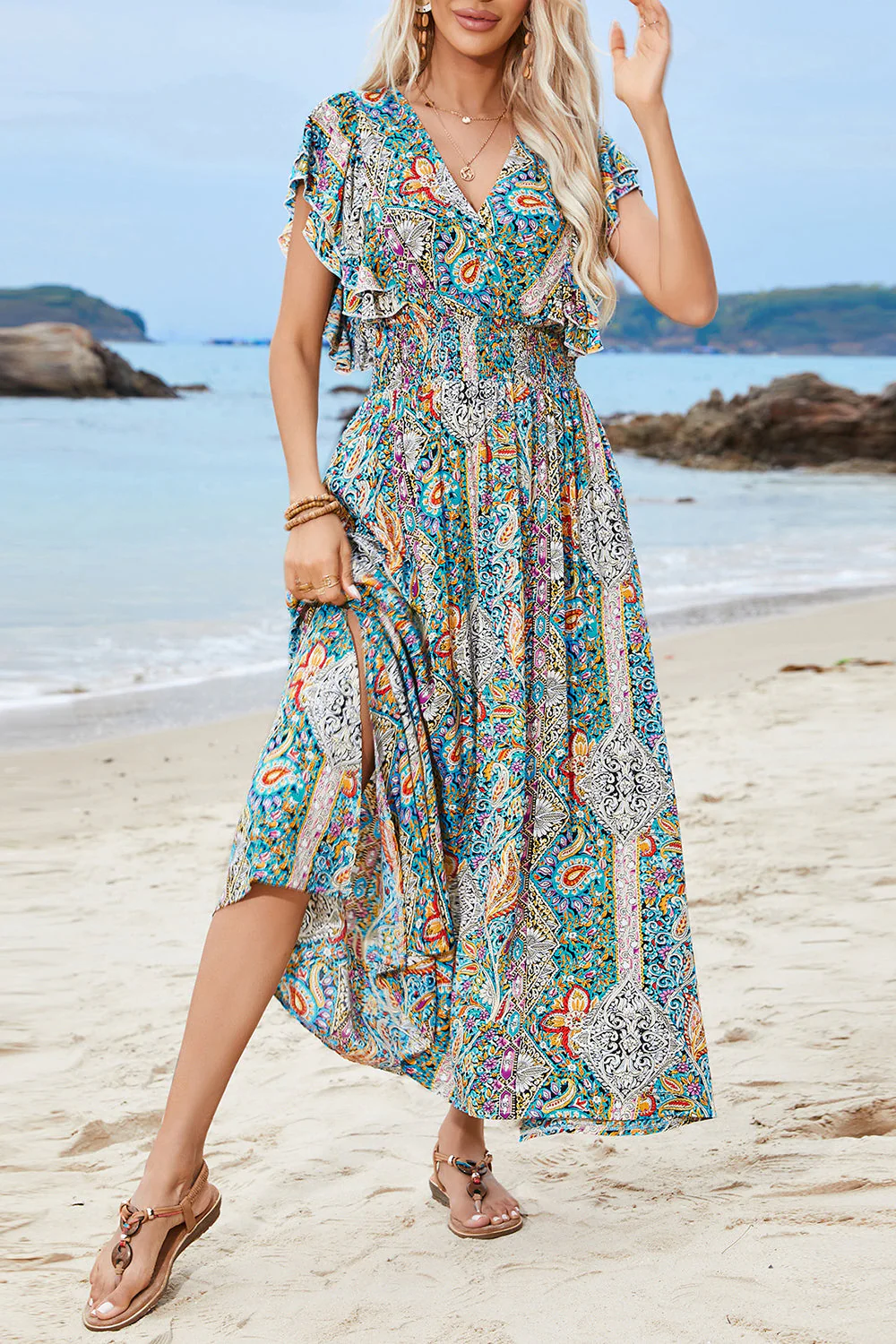 Green Puff Sleeve Printed Summer Dress With Slit - Image 5