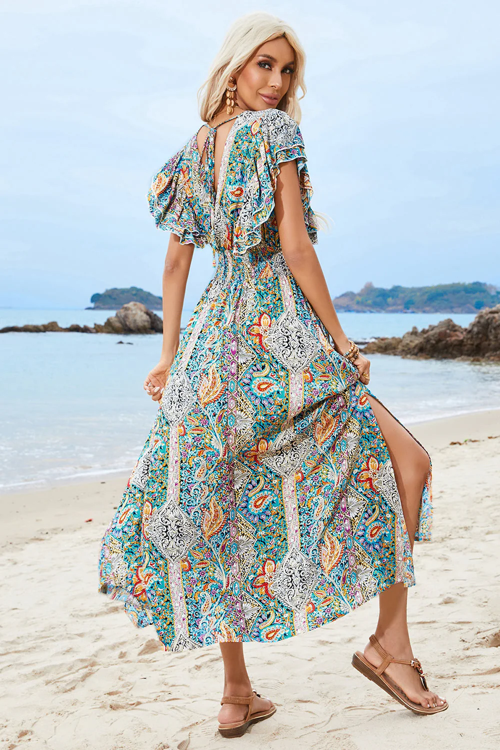 Green Puff Sleeve Printed Summer Dress With Slit - Image 6