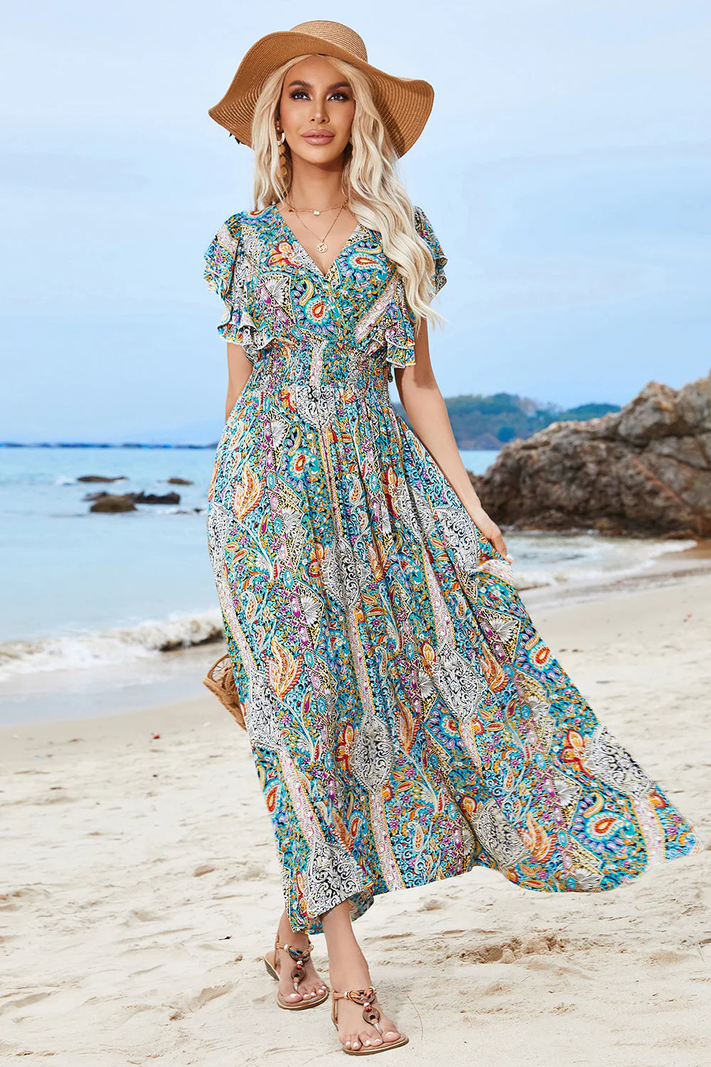Green Puff Sleeve Printed Summer Dress With Slit - Image 7