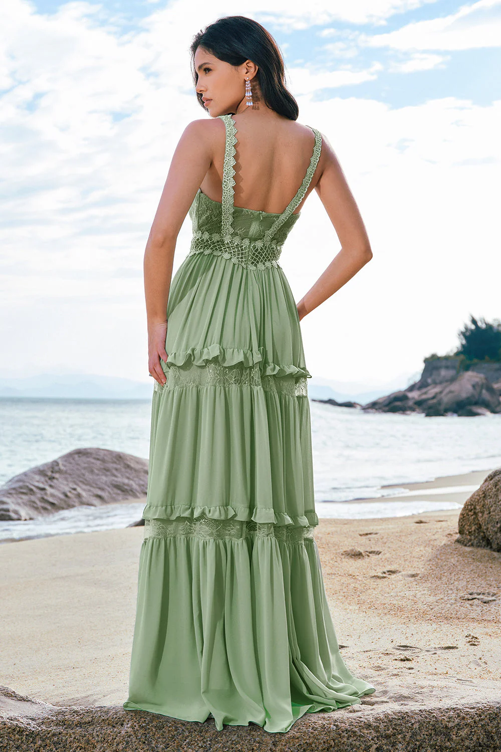 Green Ruffled Floral Bridesmaid Dress with Lace - Image 4
