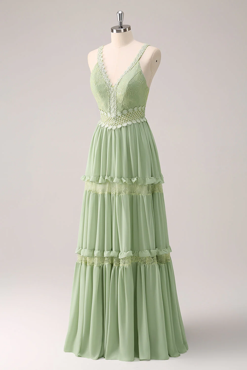 Green Ruffled Floral Bridesmaid Dress with Lace - Image 5