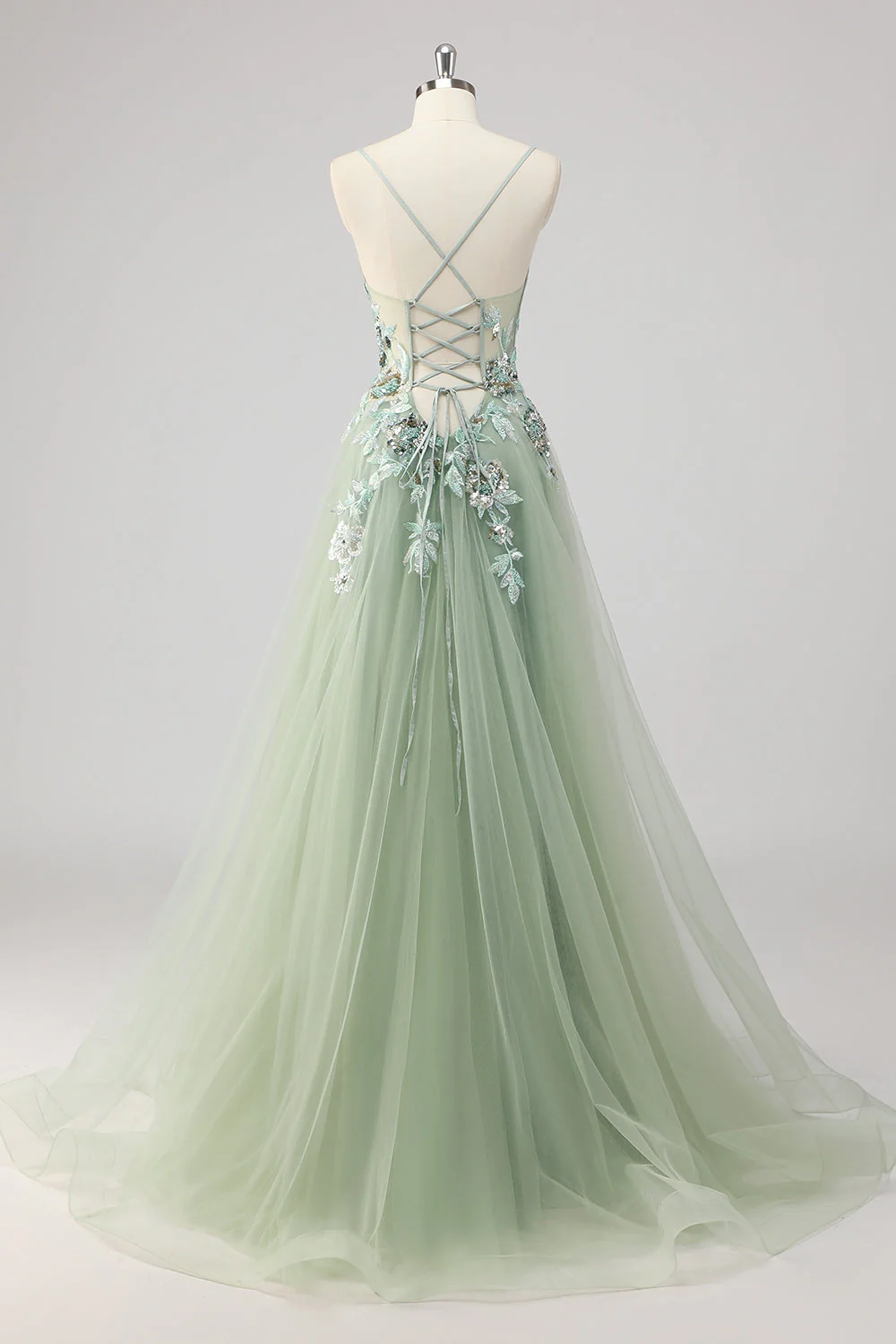 Green Sequin A Line Appliqued Prom Dress with Slit - Image 2