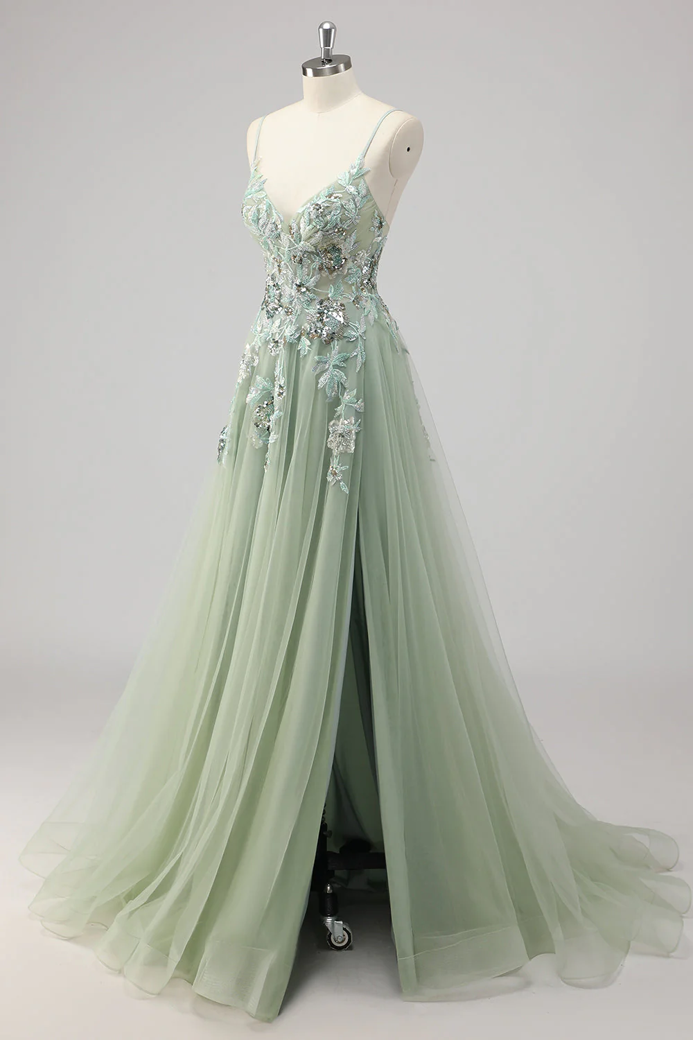Green Sequin A Line Appliqued Prom Dress with Slit - Image 3