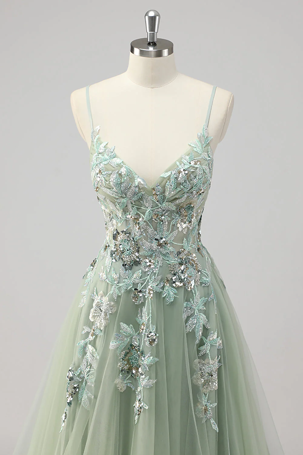 Green Sequin A Line Appliqued Prom Dress with Slit - Image 4