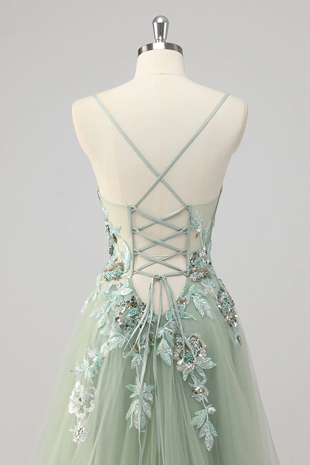 Green Sequin A Line Appliqued Prom Dress with Slit - Image 5