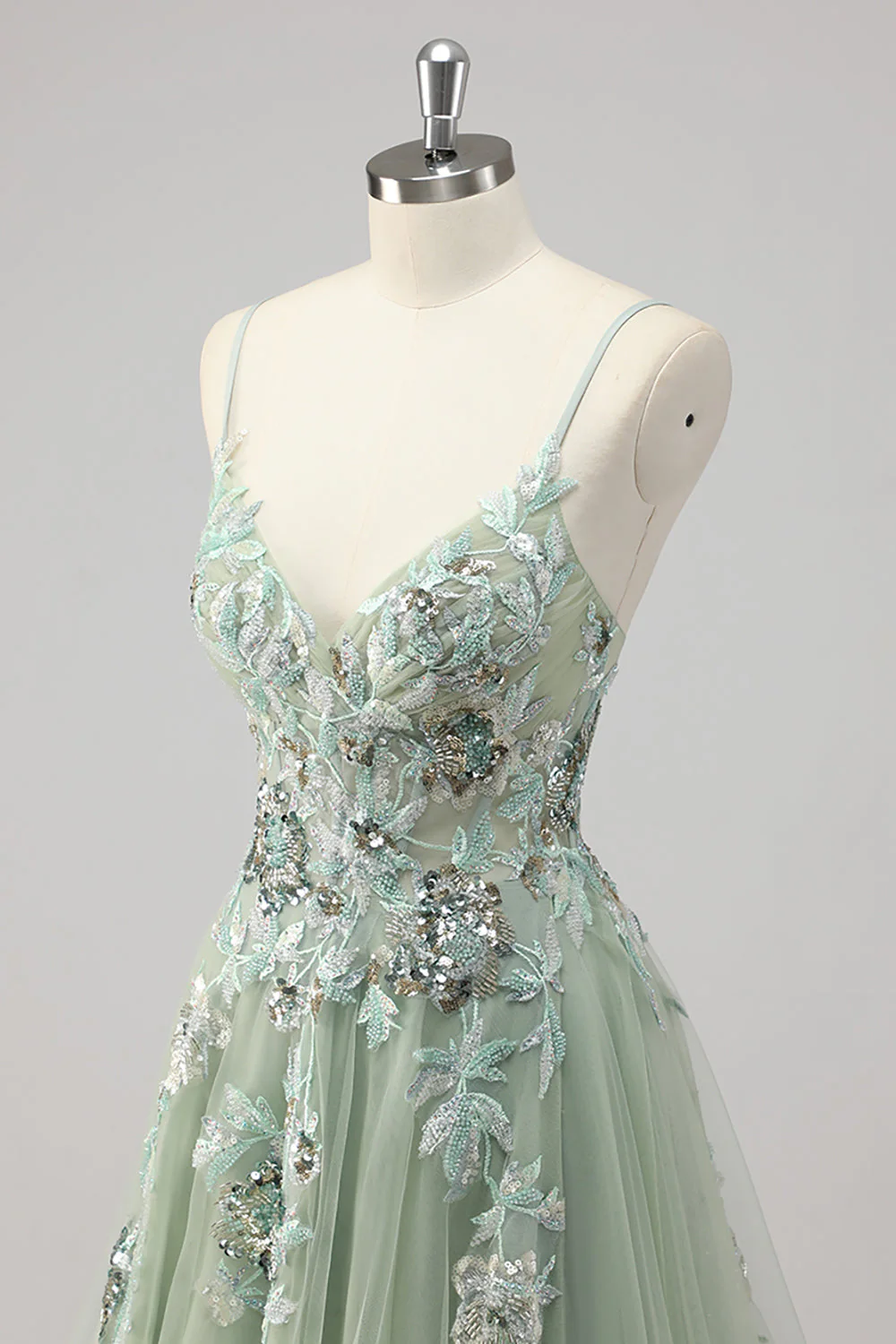 Green Sequin A Line Appliqued Prom Dress with Slit - Image 6