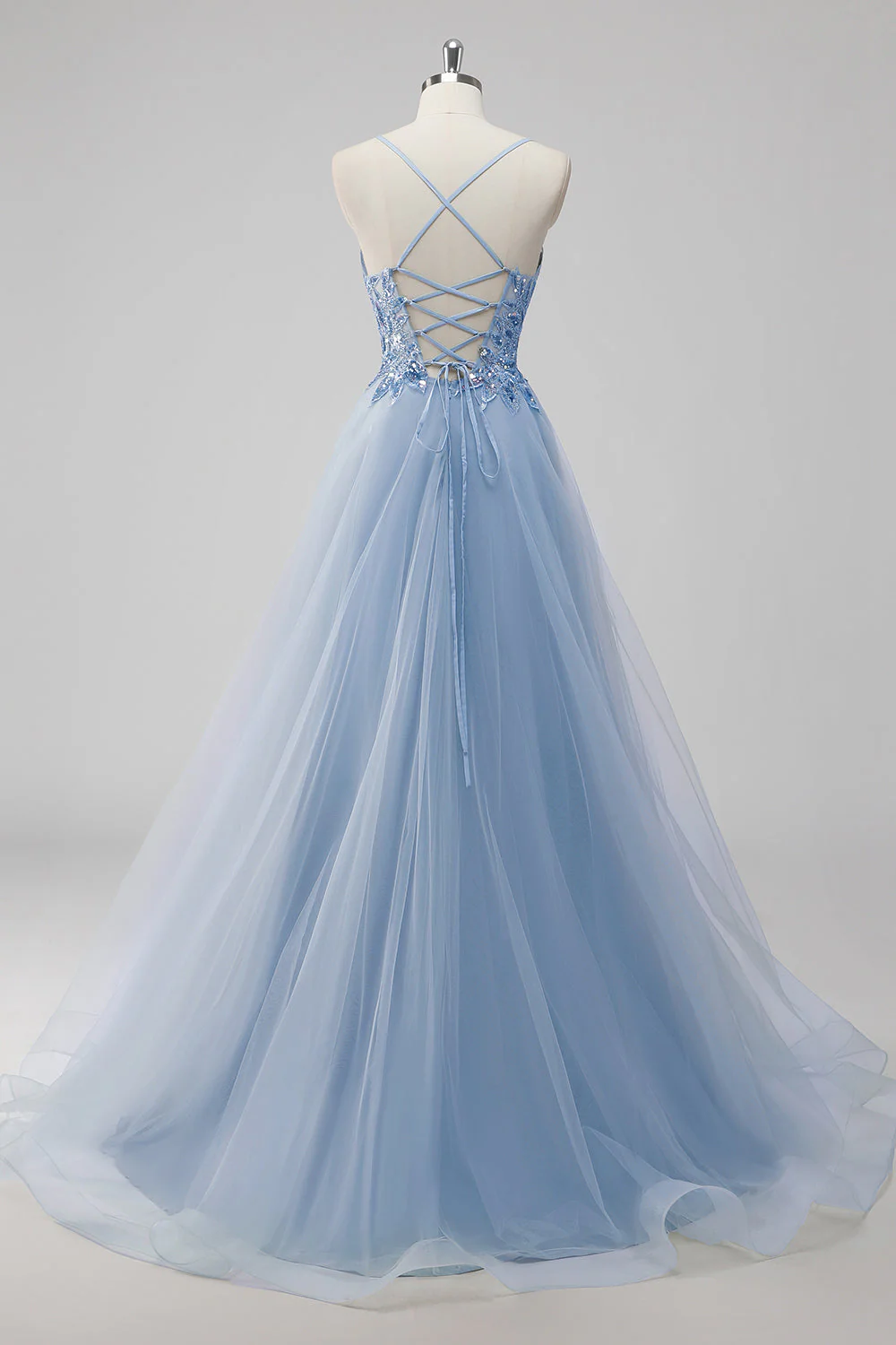 Green Sequin A Line Tulle Long Prom Dress with Lace up Back - Image 10