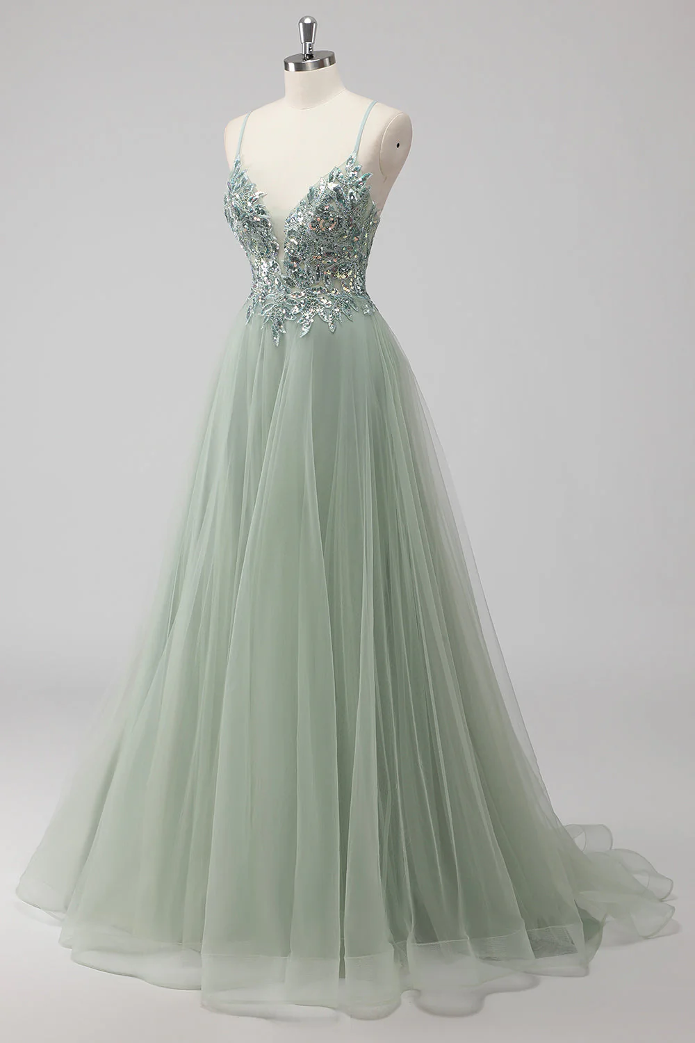 Green Sequin A Line Tulle Long Prom Dress with Lace up Back - Image 3