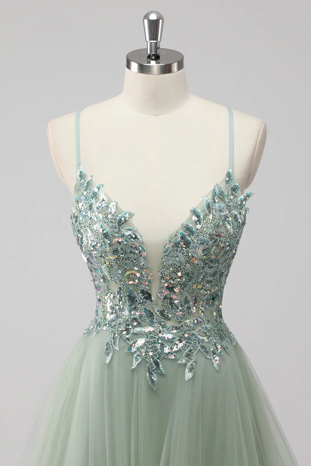 Green Sequin A Line Tulle Long Prom Dress with Lace up Back - Image 4