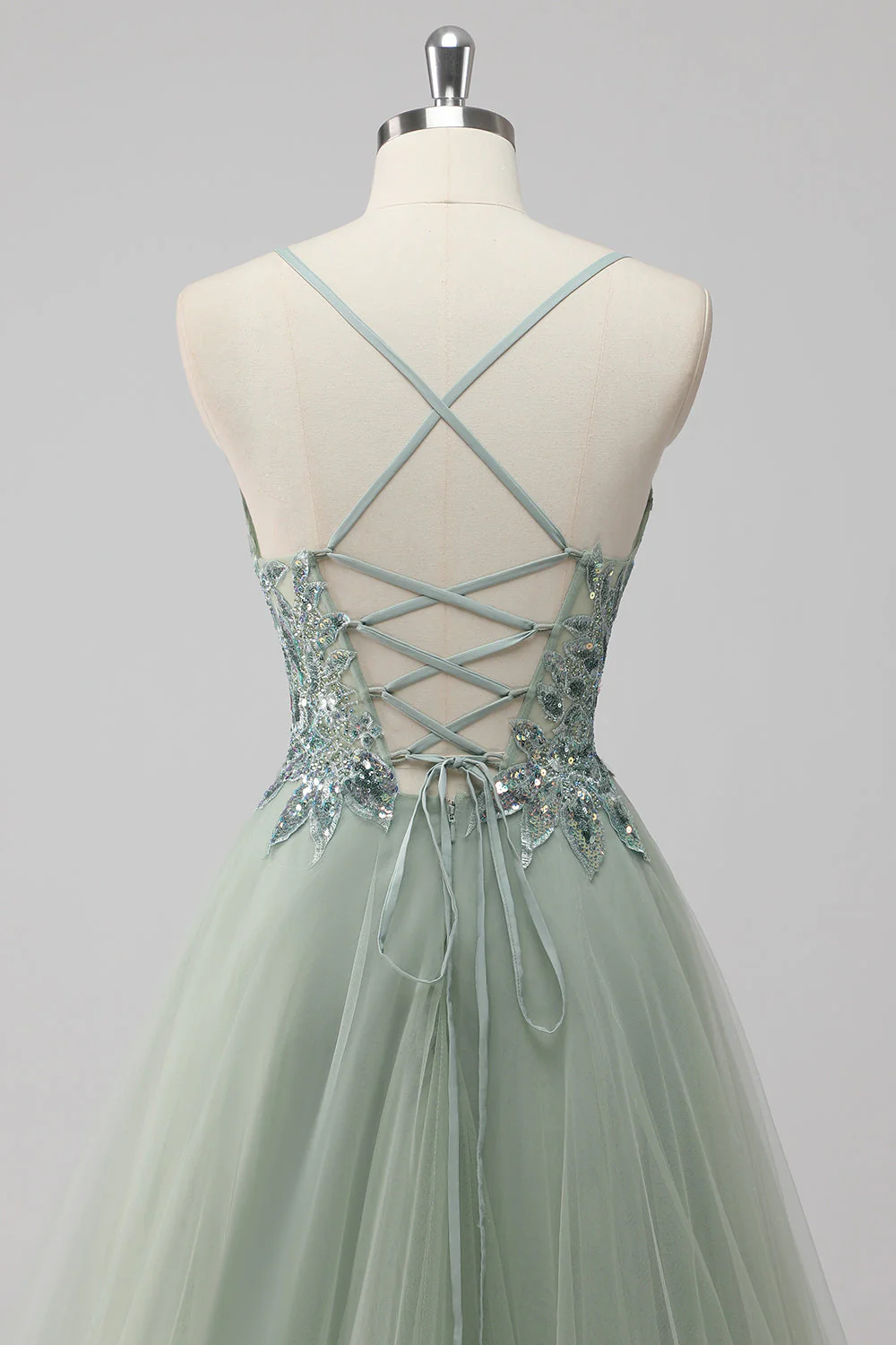 Green Sequin A Line Tulle Long Prom Dress with Lace up Back - Image 5