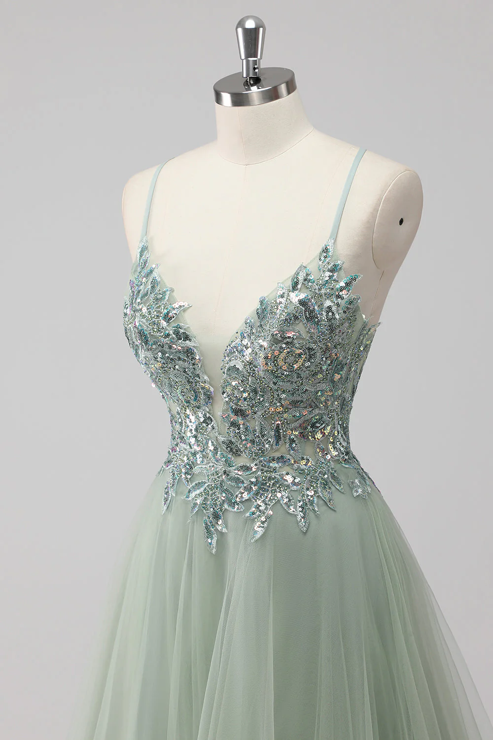 Green Sequin A Line Tulle Long Prom Dress with Lace up Back - Image 6