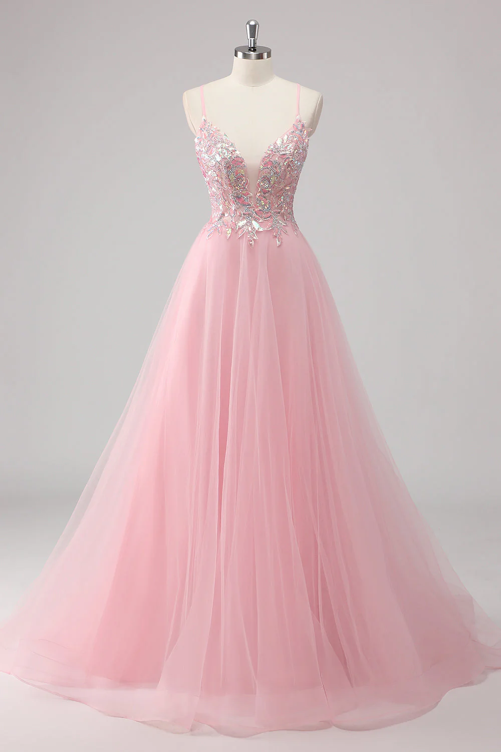Green Sequin A Line Tulle Long Prom Dress with Lace up Back - Image 7