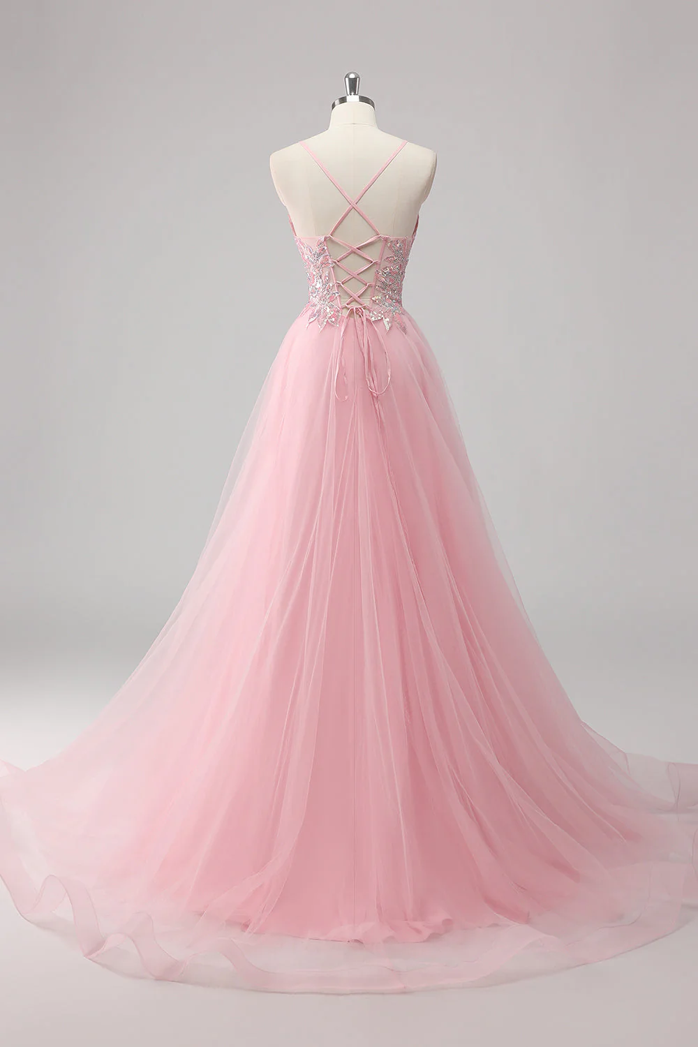 Green Sequin A Line Tulle Long Prom Dress with Lace up Back - Image 8