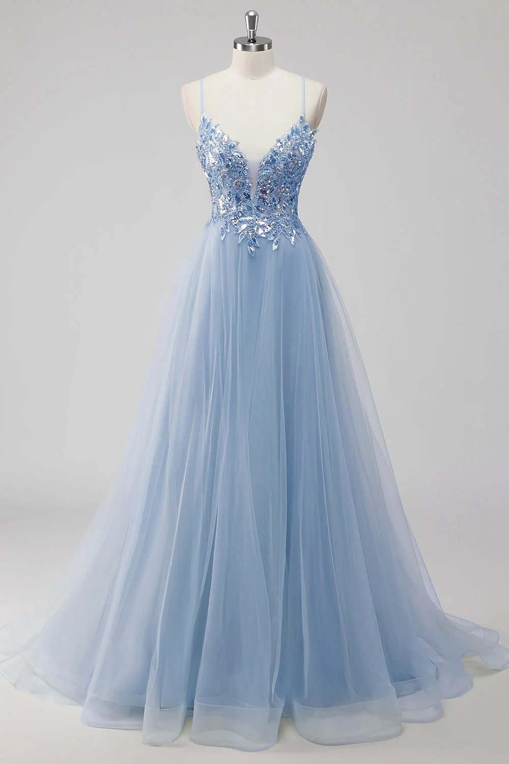 Green Sequin A Line Tulle Long Prom Dress with Lace up Back - Image 9