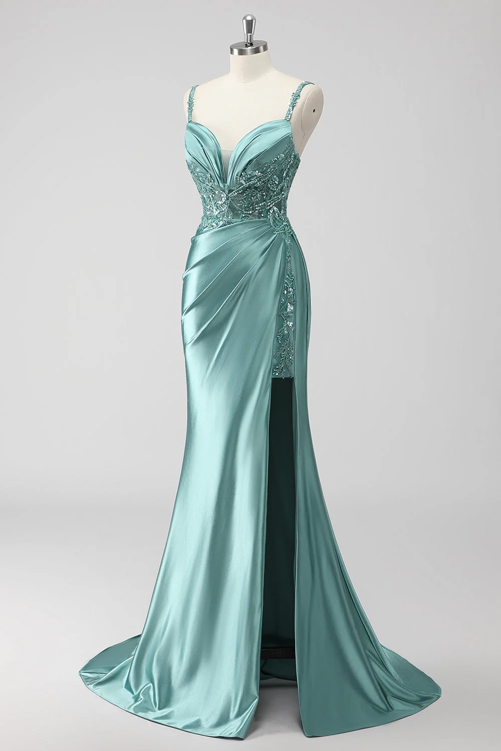 Green Sequin Mermaid Satin Ruched Long Prom Dress with Slit - Image 3