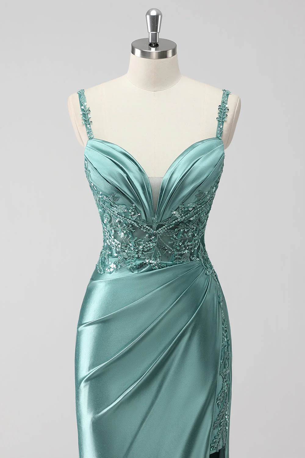 Green Sequin Mermaid Satin Ruched Long Prom Dress with Slit - Image 4