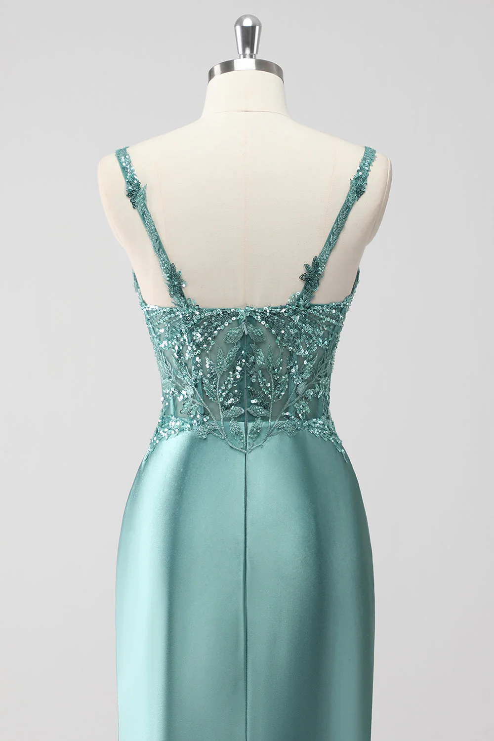 Green Sequin Mermaid Satin Ruched Long Prom Dress with Slit - Image 5