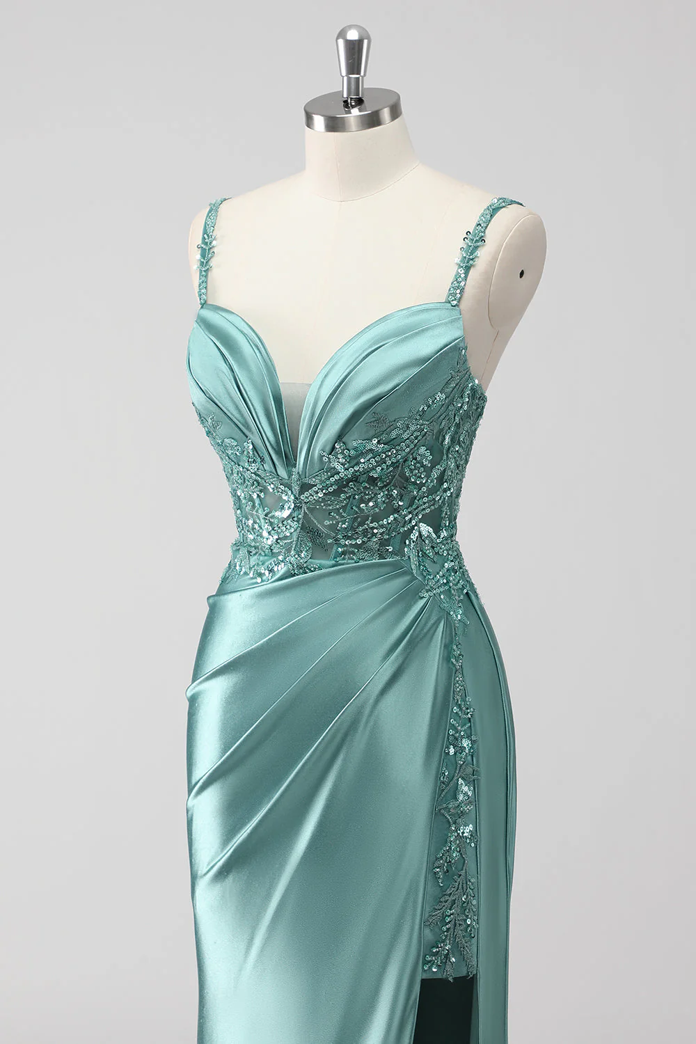 Green Sequin Mermaid Satin Ruched Long Prom Dress with Slit - Image 6