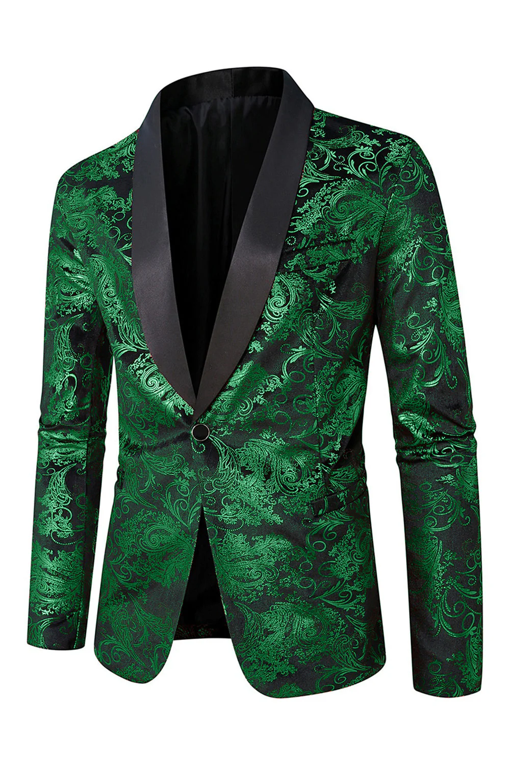 Green Shawl Lapel One Button Jacquard Men's Prom Blazer - Image 3