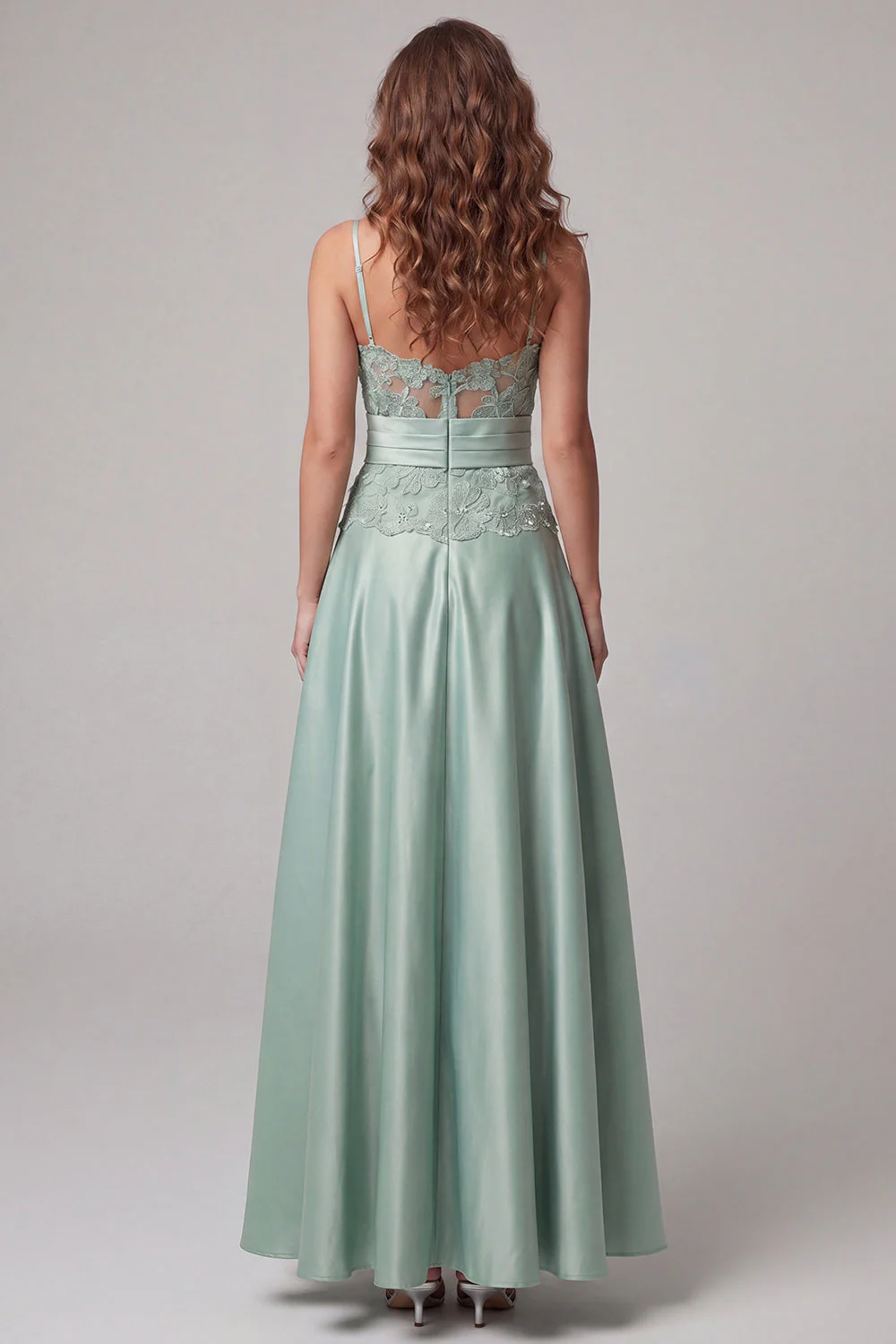 Green A Line Spaghetti Straps Appliqued Satin Maxi Dress - Image 2