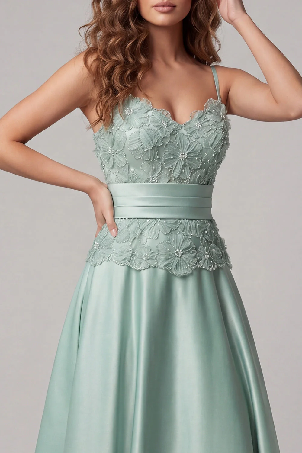 Green A Line Spaghetti Straps Appliqued Satin Maxi Dress - Image 3