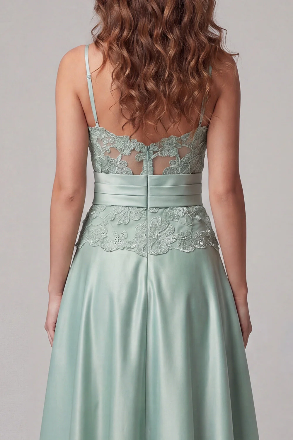 Green A Line Spaghetti Straps Appliqued Satin Maxi Dress - Image 4