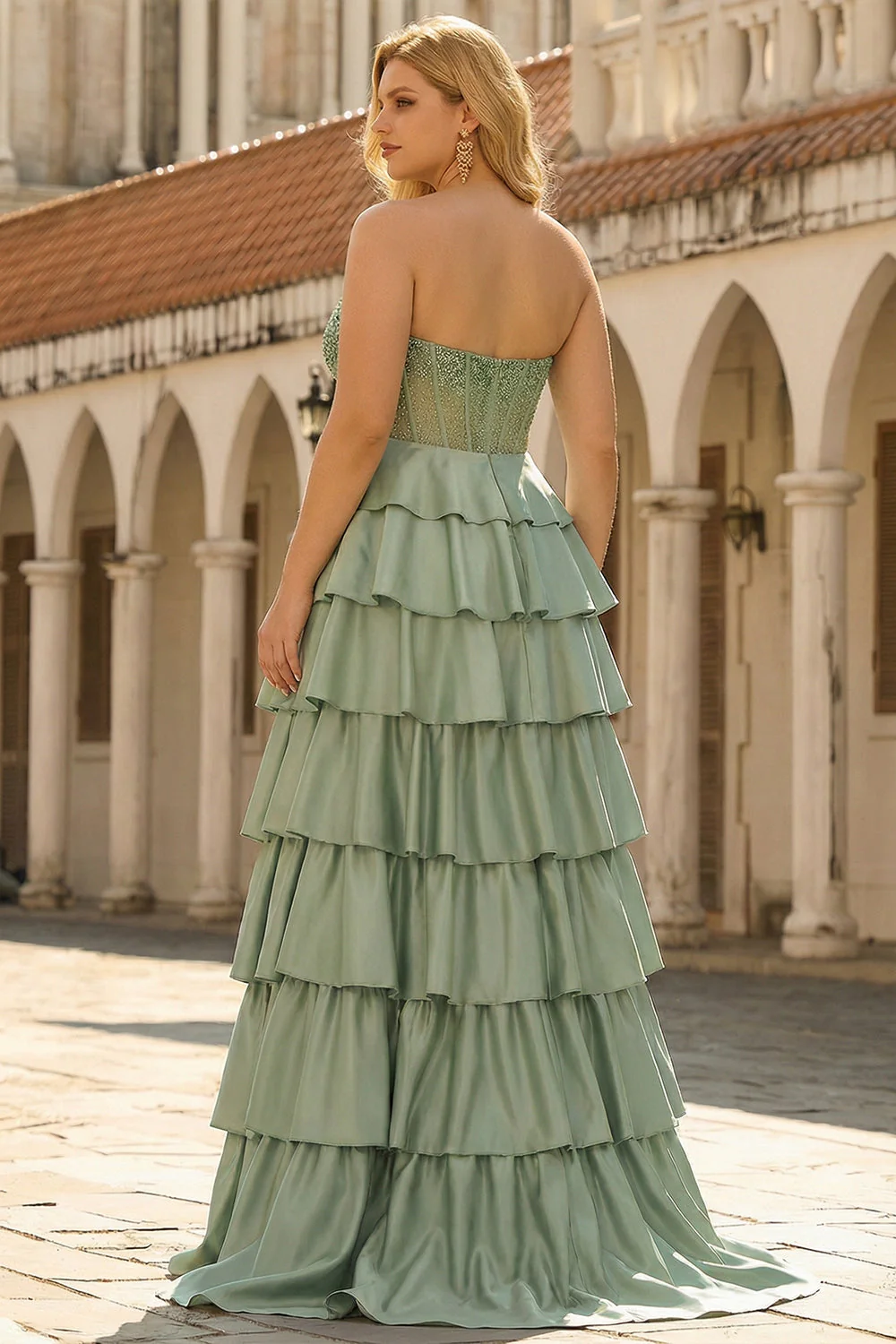 Green Sweetheart Princess Tiered Satin Corset Long Plus Size Prom Dress with Slit - Image 3