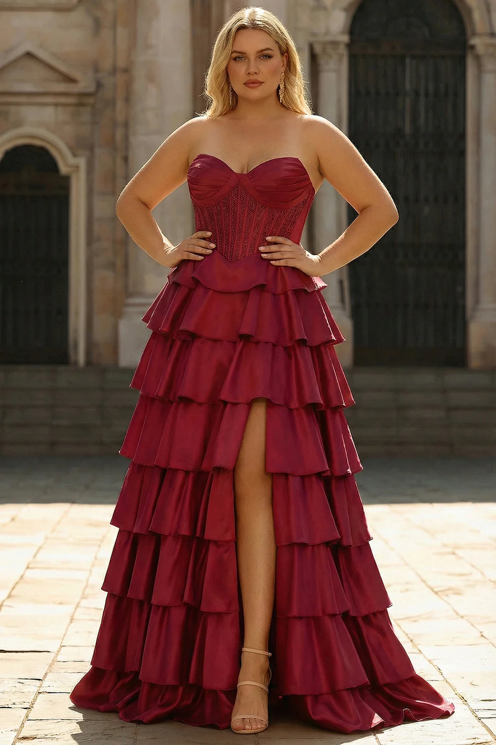 Green Sweetheart Princess Tiered Satin Corset Long Plus Size Prom Dress with Slit - Image 5