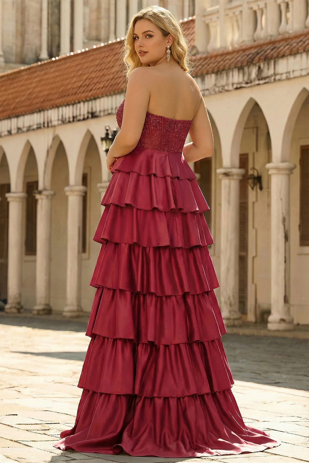 Green Sweetheart Princess Tiered Satin Corset Long Plus Size Prom Dress with Slit - Image 6