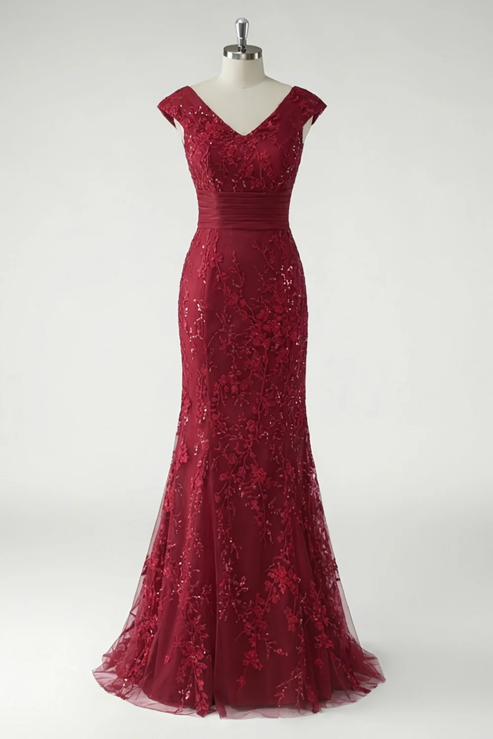 Green V-Neck Mermaid Appliques Sequins Cap Sleeves Prom Dress - Image 13