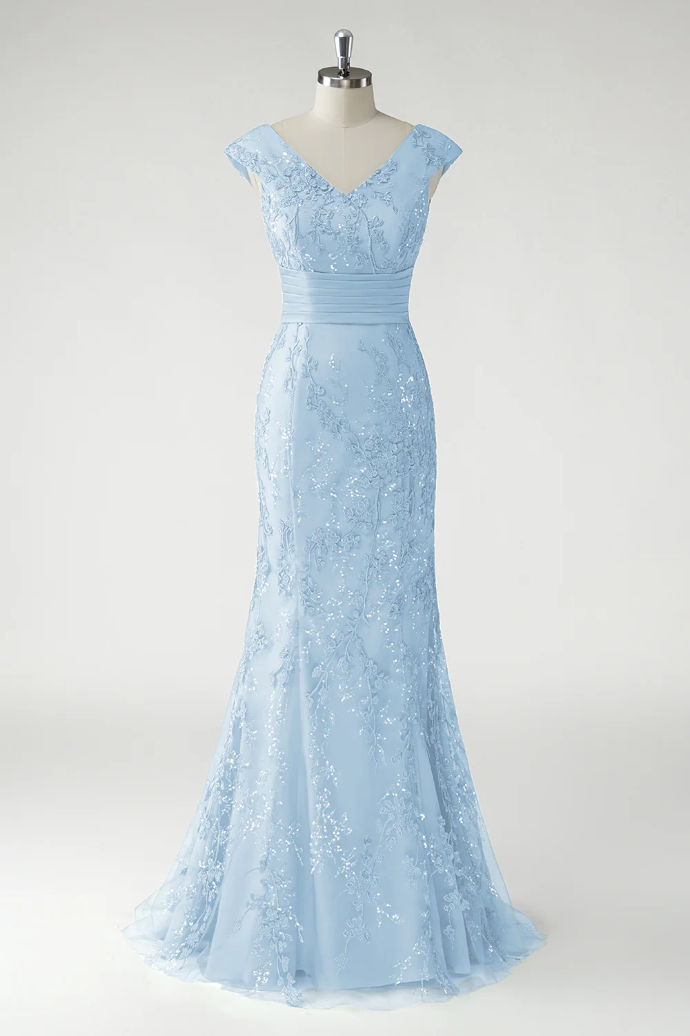Green V-Neck Mermaid Appliques Sequins Cap Sleeves Prom Dress - Image 14