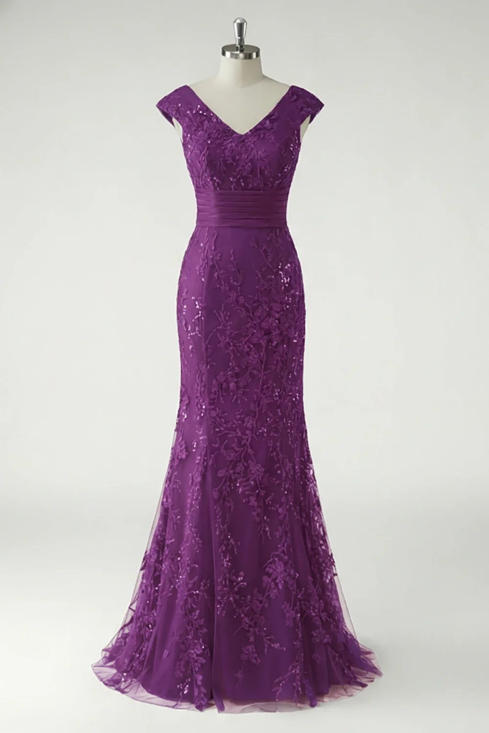Green V-Neck Mermaid Appliques Sequins Cap Sleeves Prom Dress - Image 15