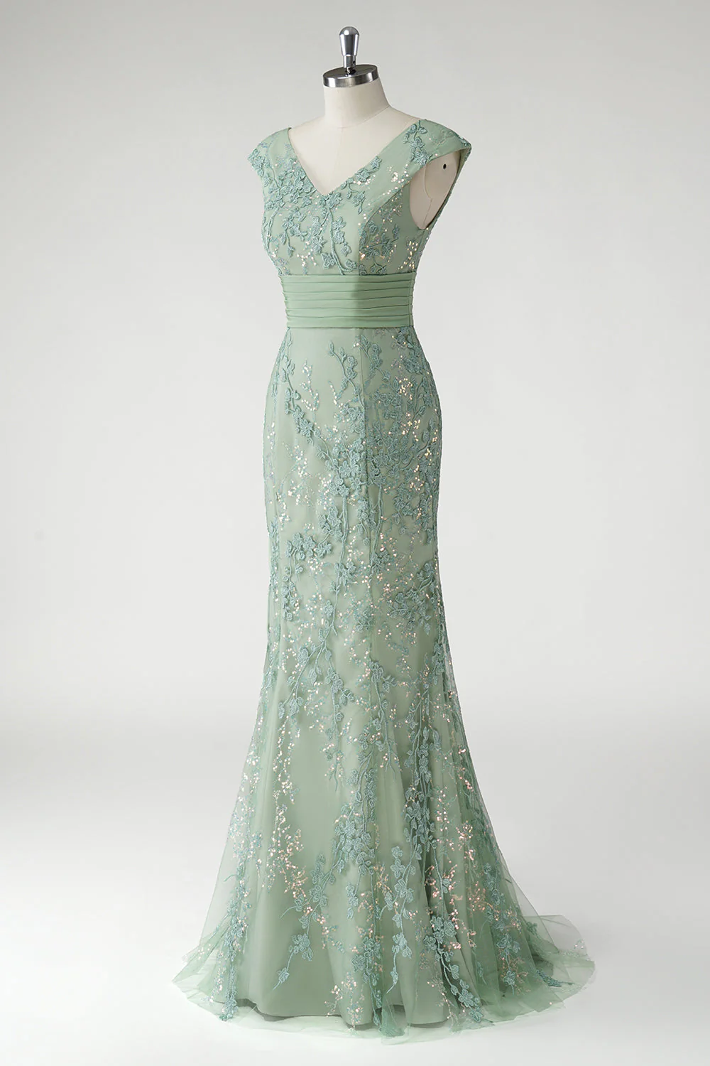 Green V-Neck Mermaid Appliques Sequins Cap Sleeves Prom Dress - Image 3