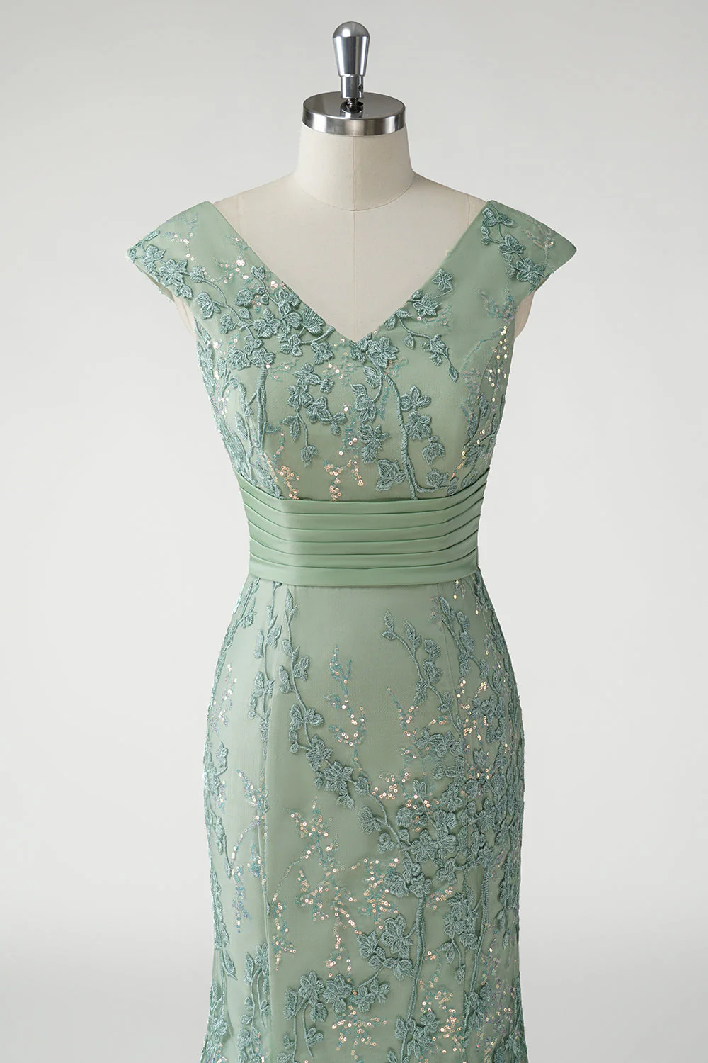 Green V-Neck Mermaid Appliques Sequins Cap Sleeves Prom Dress - Image 4